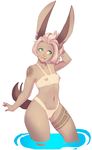 1girl animal_ears arm_up bare_shoulders bunny_ears bunny_tail dark_skin green_eyes greenmarine highres lips navel nipples pussy simple_background smile solo tail thighs white_background 