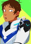  2boys armor bear_hat blue_eyes brown_hair crossover dark_skin dark_skinned_male finn_the_human green_background hat highres hyakujuu-ou_golion jeremy_shada johnnybooboo lance_(voltron) lance_(voltron)_(cosplay) looking_at_viewer male_focus miniboy multicolored_background multiple_boys seiyuu_connection upper_body voltron:_legendary_defender 