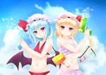  absurdres bikini bikini_skirt blonde_hair blue_hair blush flandre_scarlet frilled_bikini frills hat highres mob_cap multiple_girls red_eyes remilia_scarlet siblings side_ponytail sisters smile surota swimsuit touhou water_gun wings 