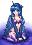  aqua_eyes bangs blue_hair blush bra breasts cleavage collarbone commentary feathered_wings hood hoodie horn looking_at_viewer luna_(my_little_pony) makeup my_little_pony my_little_pony_friendship_is_magic navel on_bed personification racoon-kun sidelocks sitting sitting_on_bed smile solo thighhighs underwear wariza wings 