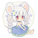  animal_ears ayu_(mog) barefoot blue_dress braid choker dress eyebrows eyebrows_visible_through_hair floral_background flower frilled_dress frills grey_background hair_flower hair_ornament hands_on_lap looking_at_viewer mouse_ears mouse_girl mouse_tail original polka_dot red_eyes short_eyebrows smile solo strapless strapless_dress tail toes twin_braids 