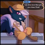  animal_crossing anthro anuvia balls clothed clothing dialogue english_text erection footwear fur hair hat humanoid_penis kicks_(animal_crossing) looking_at_viewer male mammal nintendo penis pink_nose purple_eyes sitting skunk smile solo text video_games white_fur 