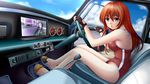  1girl bare_shoulders breasts brown_eyes car cloud female fingerless gloves highres ilolamai long_hair looking_at_viewer motor_vehicle original parted_lips red_hair sideboob sitting sky solo swimsuit vehicle wet 