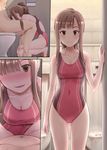  1girl blush breasts brown_eyes brown_hair cleavage comic competition_swimsuit covered_navel fellatio hair_bun hair_over_one_eye hetero idolmaster idolmaster_cinderella_girls long_hair looking_at_viewer mizumoto_yukari one-piece_swimsuit open_mouth oral pov silent_comic smile swimsuit takemasa toilet urinal 