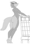  anthro big_butt breasts butt canine female fur grey_fur looking_back mammal nude rheumatism shopping_cart side_boob standing wolf 