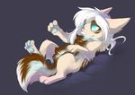  blue_eyes brown_fur canine cat chibi dog eyelashes feline female feral fluffy fox fur hair hybrid lying mammal nude on_back pawpads paws simple_background solo tril-mizzrim whiskers white_fur white_hair white_nose wolf 