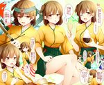  :d ;d arrow baozi bow bow_(weapon) bowl breasts brown_eyes brown_hair chopsticks flight_deck food green_eyes green_hakama hair_bow hair_ornament hair_ribbon hakama headband hiryuu_(kantai_collection) irako_(kantai_collection) japanese_clothes jewelry kantai_collection kappougi kimono large_breasts long_hair long_sleeves md5_mismatch midriff multiple_girls multiple_persona neckerchief omurice one_eye_closed one_side_up ooi_(kantai_collection) open_mouth ponytail quiver remodel_(kantai_collection) ribbon rice rice_bowl ring rui_shi_(rayze_ray) school_uniform serafuku short_hair side_ponytail sitting skirt smile spoon translation_request weapon wedding_band wide_sleeves yellow_kimono 