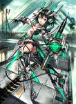  arched_back ass ballet_boots black_hair breasts bridge claw_(weapon) garter_straps gauntlets gia highres jitome looking_back mecha_musume open_mouth original pile_bunker science_fiction short_hair short_shorts shorts sideboob small_breasts solo thighhighs weapon 