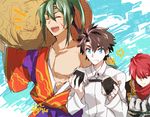  3boys basket belt black_coat black_hair blue_background blue_eyes carrying_over_shoulder closed_eyes collarbone dated eating fate/grand_order fate_(series) food food_on_face fujimaru_ritsuka_(male) fuuma_kotarou_(fate/grand_order) green_hair hair_over_one_eye holding holding_food japanese_clothes kimono long_hair long_sleeves male_focus minazaka multiple_boys off_shoulder onigiri pectorals popped_collar red_eyes red_hair red_scarf rice rice_on_face sash scar scarf sidelocks signature simple_background smile tawara_touta_(fate/grand_order) wide_sleeves 