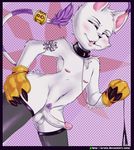  2016 anthro armpits balls black_nose blush butt cat clothed clothing digimon digital_media_(artwork) erection feline fur gatomon girly gloves jewelry legwear male mammal necklace nipple_piercing nipples open_mouth penis piercing ring simple_background smile solo sruto tattoo tongue white_fur 