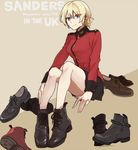  blonde_hair boots darjeeling english girls_und_panzer green_eyes military military_uniform ree_(re-19) shoes short_hair smile solo st._gloriana's_military_uniform uniform 