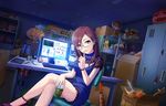 artist_request blue_eyes brown_hair computer crossed_legs cup dutch_angle finger_to_mouth glasses idolmaster idolmaster_cinderella_girls idolmaster_cinderella_girls_starlight_stage long_hair official_art sitting solo yagami_makino 