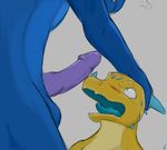  anthro balls blue_penis dinosaur domination dragon duo erection hand_on_head knot male male/male nude open_mouth penis simple_background smile standing taoryu 