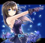  bare_shoulders black_dress black_gloves black_hair blue_eyes blush breasts dress floral_print flower gloves hair_flower hair_ornament hanamuke idolmaster idolmaster_cinderella_girls idolmaster_cinderella_girls_starlight_stage long_hair looking_at_viewer medium_breasts print_gloves sagisawa_fumika sketch solo tiara v 