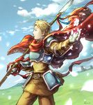  armor artist_name blonde_hair brown_eyes cape cloud day fire_emblem fire_emblem:_fuuin_no_tsurugi flower gloves hashibi_rokou highres male_focus petals polearm sky solo spear trec upper_body weapon 