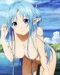  1girl asuna blue blue_hair breasts elf eyes hair long nipples nude pussy sword_art_online water wet 