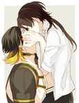  2boys adam&#039;s_apple androgynous beauty_mark black_hair blonde_hair brown_hair collared_shirt earrings eyes_closed facial_hair from_side hands_on_another&#039;s_face hiki_yuichi jewelry kashuu_kiyomitsu kiss long_hair looking_at_another male_focus military_uniform mole mole_under_mouth multicolored_hair multiple_boys nagasone_kotetsu nipples open_clothes open_shirt personification simple_background size_difference touken_ranbu two-tone_hair upper_body yaoi 