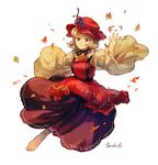  aki_minoriko apron autumn_leaves barefoot black_ribbon blonde_hair brown_skirt food_themed_hair_ornament full_body grape_hair_ornament hair_ornament hashibi_rokou hat highres juliet_sleeves leaf long_sleeves looking_at_viewer mob_cap neck_ribbon puffy_sleeves red_apron red_eyes red_hat ribbon shirt short_hair signature simple_background skirt smile solo touhou wheat white_background wide_sleeves yellow_shirt 