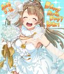  2016 bare_shoulders blush bouquet bow breasts brown_hair character_name cleavage closed_eyes commentary_request dated dress flower hair_bow happy_birthday long_hair love_live! love_live!_school_idol_project medium_breasts minami_kotori one_side_up open_mouth shirabi smile solo tiara white_dress white_flower 