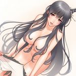  black_hair blush breasts fusou_(kantai_collection) hair_ornament highres kantai_collection large_breasts lingerie lips long_hair looking_at_viewer nipples parted_lips red_eyes sano_toshihide simple_background smile solo underwear undressing 