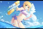 :d ahoge artoria_pendragon_(all) artoria_pendragon_(swimsuit_archer) bare_arms bare_legs bare_shoulders bikini blonde_hair blue_bow blue_sky bow breasts cleavage_cutout cloud day fate/grand_order fate/stay_night fate_(series) foreshortening green_eyes hair_bow highres holding lanzi_(415460661) letterboxed looking_at_viewer medium_breasts midriff navel ocean open_mouth outdoors outstretched_arm sky smile solo summer swimsuit water water_gun white_bikini 
