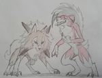  alternate_form claws dog fangs fighting_stance full_body fur gen_7_pokemon highres kokuka_(kyojaku24) looking_at_viewer lycanroc mohawk no_humans open_mouth partially_colored pokemon pokemon_(creature) sharp_teeth sketch standing teeth tongue tongue_out werewolf 