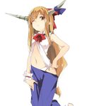  blue_ribbon blue_skirt bow eyebrows eyebrows_visible_through_hair hair_bow hasebe_yuusaku horn_ribbon horns ibuki_suika long_hair looking_at_viewer navel one_eye_closed orange_eyes orange_hair panties pointy_ears red_bow ribbon shirt simple_background sketch skirt sleeveless sleeveless_shirt solo teeth touhou underwear very_long_hair white_background white_panties white_shirt wrist_cuffs 