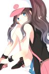  bag baseball_cap blue_eyes boots brown_hair denim denim_shorts from_side hat highres knees_on_chest long_hair looking_back miyanishi_gessui pokemon pokemon_(game) pokemon_bw ponytail short_shorts shorts sitting solo touko_(pokemon) vest wristband 