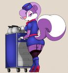  anthro boots butt cart clothing coffee_pot cup fifi_la_fume flight_attendant footwear fur garter_straps gloves hat high_heels legwear looking_at_viewer looking_back low-angle_view mammal multicolored_fur neckerchief rear_view simple_background skunk stockings thigh_highs tiny_toon_adventures two_tone_fur warner_brothers 