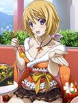  blonde_hair breasts charlotte_dunois cleavage collarbone eyebrows eyebrows_visible_through_hair hair_ribbon infinite_stratos japanese_clothes kimono long_hair looking_at_viewer lowres medium_breasts necktie open_mouth purple_eyes purple_ribbon ribbon short_kimono short_yukata sitting solo yukata 