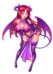  bat_wings blush breasts burbur cleavage demon_girl demon_horns demon_tail demon_wings dress finger_to_mouth full_body gloves horns large_breasts long_hair looking_at_viewer open_mouth panties purple_dress purple_eyes red_hair see-through solo succubus tail thighhighs transparent_background underwear wings 
