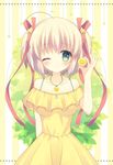  ;) ahoge aiyan blonde_hair blush breasts collarbone dress food fruit green_eyes hair_ornament hair_ribbon highres holding holding_food holding_fruit jewelry kamikita_komari lemon lemon_slice little_busters! looking_at_viewer medium_breasts necklace one_eye_closed red_ribbon ribbon short_hair smile solo standing star star_hair_ornament striped striped_background twintails two_side_up vertical-striped_background vertical_stripes yellow_dress 