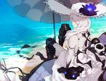  arm_support armor armored_boots bad_id bad_pixiv_id bare_shoulders beach beach_umbrella black_gloves black_legwear blue_eyes boots breasts dress flower from_behind gloves glowing glowing_eyes hair_over_one_eye hat hat_flower kantai_collection kuroduki_(pieat) large_breasts light_smile long_hair looking_at_viewer ocean seaport_summer_hime shinkaisei-kan sitting solo sun_hat sundress thigh_boots thighhighs umbrella white_dress white_hair white_hat white_skin 