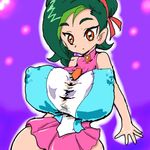  1girl breasts brown_eyes female green_hair hair_bun hair_ornament hair_ribbon large_breasts long_hair mizuki_kotori_(yuu-gi-ou_zexal) multicolored_hair nipples open_mouth ribbon shirt simple_background solo yu-gi-oh! yuu-gi-ou_zexal 