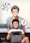  2boys age_difference blush kemukemuke lying_on_person male_focus multiple_boys sitting size_difference steam sweat underwear wiiu yaoi 