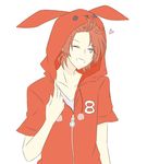  ;) adjusting_clothes animal_hood bunny_hood hazuki_you_(tsukiuta) hood hooded_jacket jacket looking_to_the_side male_focus number one_eye_closed red_hair ren_(friends-love) simple_background smile solo tsukiuta upper_body white_background 