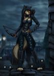  anthro archery canine elvofirida female looking_at_viewer mammal outside smile solo standing straps 