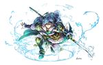  artist_name blue_hair boots fire_emblem fire_emblem_if fur_trim hashibi_rokou headband male_focus naginata polearm shinonome_(fire_emblem_if) simple_background solo water weapon white_background yellow_eyes 