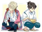  2boys aldnoah.zero aqua_eyes blonde_hair brown_eyes brown_hair coat coat_on_shoulders cosplay crossover earrings full_body haku haku_(cosplay) head_rest howl howl_(cosplay) howl_no_ugoku_shiro ichinose777 japanese_clothes kaizuka_inaho male_focus multiple_boys ponytail sen_to_chihiro_no_kamikakushi simple_background slaine_troyard studio_ghibli traditional_clothes 