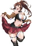  bare_shoulders belt boots breasts brown_eyes brown_hair brown_skirt cleavage collar collarbone high_ponytail ikkitousen long_hair medium_breasts midriff navel open_mouth simple_background skirt skirt_hold solo thigh_boots thighhighs white_background yagyu_mitsuyoshi 