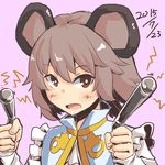  animal_ears blush capelet grey_hair highres mouse_ears nazrin open_mouth pink_background red_eyes rod short_hair solo the_maa touhou 