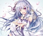  ;d animal bad_id bad_pixiv_id blue_hair blush breasts cat cleavage detached_sleeves emilia_(re:zero) eyebrows eyebrows_visible_through_hair flower hair_flower hair_ornament hirai_yuzuki long_hair looking_at_viewer medium_breasts one_eye_closed open_mouth petals puck_(re:zero) purple_eyes re:zero_kara_hajimeru_isekai_seikatsu smile wide_sleeves 