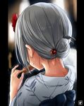  alternate_costume alternate_hairstyle aoi_chizuru blurry blurry_background eating facing_away flower food from_behind hair_bobbles hair_flower hair_ornament hamakaze_(kantai_collection) hibiscus highres holding holding_food ikayaki japanese_clothes kantai_collection kimono long_hair nape pillarboxed short_hair silver_hair solo squid summer_festival sweat upper_body yukata 