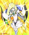  adapted_costume artist_name bangs bare_shoulders blonde_hair blunt_bangs blush boots bracelet breasts closed_mouth collarbone cowboy_shot crossover crystal elbow_gloves embarrassed emphasis_lines gloves green_eyes headpiece highres jewelry kamui_(kill_la_kill) kento_(omelet-rice) kill_la_kill knee_boots long_hair lusamine_(pokemon) medium_breasts navel pokemon pokemon_(game) pokemon_sm revealing_clothes solo sparkle standing stomach thighs twitter_username very_long_hair white_footwear white_gloves 