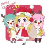  2018 3girls :d animal_costume animal_ears antlers arm_up azur_lane bangs bangs_pinned_back bell black_legwear blonde_hair blunt_bangs blush brown_dress brown_eyes brown_footwear brown_hairband charles_ausburne_(azur_lane) chibi christmas closed_mouth commentary_request dress fake_antlers foote_(azur_lane) fur-trimmed_dress fur-trimmed_hat fur-trimmed_mittens fur-trimmed_sleeves fur_trim green_hair hair_bobbles hair_ornament hairband hairclip hat holding holding_sack leaning_to_the_side leng_xiao merry_christmas mittens multiple_girls notice_lines open_mouth own_hands_together pantyhose pink_hair purple_eyes red_background red_dress red_hat red_mittens red_nose reindeer_antlers reindeer_costume reindeer_ears sack santa_costume santa_hat sleeveless sleeveless_dress smile spence_(azur_lane) standing standing_on_one_leg thighhighs two-tone_background two_side_up wavy_mouth white_background white_legwear 