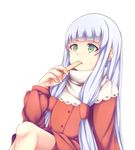  alternate_costume aoki_hagane_no_arpeggio buttons closed_eyes dress eating green_eyes hair_ribbon i-402_(aoki_hagane_no_arpeggio) jacket long_hair long_sleeves ribbon silver_hair simple_background solo tsuchimata white_background 