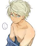  ... 1boy aldnoah.zero aqua_eyes blonde_hair closed_mouth collarbone ichinose777 male_focus simple_background slaine_troyard solo sweatdrop tan_skin tsurime undressing upper_body white_background 