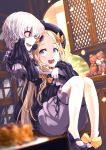  2girls :d abigail_williams_(fate/grand_order) absurdres alicia_(schrdingerscat) bangs black_bow black_dress black_footwear black_hat blonde_hair bloomers blue_eyes blurry blurry_background blurry_foreground blush bow bug butterfly commentary_request depth_of_field dress eyebrows_visible_through_hair fate/grand_order fate_(series) forehead hair_between_eyes hair_bow hat highres horn hug hug_from_behind insect knees_up lavinia_whateley_(fate/grand_order) long_hair long_sleeves mary_janes multiple_girls open_mouth orange_bow parted_bangs polka_dot polka_dot_bow profile red_eyes shoes sitting sleeves_past_fingers sleeves_past_wrists smile stuffed_animal stuffed_toy teddy_bear underwear upper_teeth very_long_hair white_hair yellow_bow 
