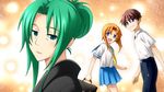  2girls aqua_eyes bag bangs belt check_artist game_cg green_hair higurashi_no_naku_koro_ni japanese_clothes kimono lipstick looking_at_viewer maebara_keiichi makeup multiple_girls official_art older rato ryuuguu_rena sad school_bag school_uniform smile sonozaki_mion spoilers tears tied_hair yoigoshi-hen 