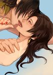  2boys androgynous beauty_mark blonde_hair blue_background brown_hair chin_grab earrings eye_contact facial_hair french_kiss gradient gradient_background hand_on_another&#039;s_shoulder hiki_yuichi jewelry kashuu_kiyomitsu kiss long_hair looking_at_another male_focus mole mole_under_mouth multicolored_hair multiple_boys nagasone_kotetsu nail_polish nude personification red_eyes red_nails simple_background smile touken_ranbu two-tone_hair yaoi yellow_eyes 